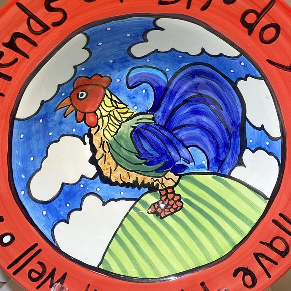 Nicole Engblom Hand Painted Large Serving Bowl Rooster Chick Egg Red Art Ceramic - Picture 2 of 14